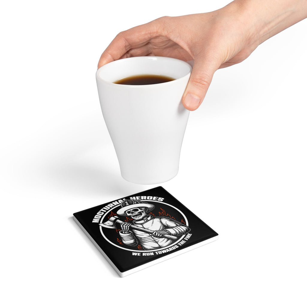 Firefighter Skull Ceramic Coaster — "Nocturnal Heroes: We Run Towards the Fire"
