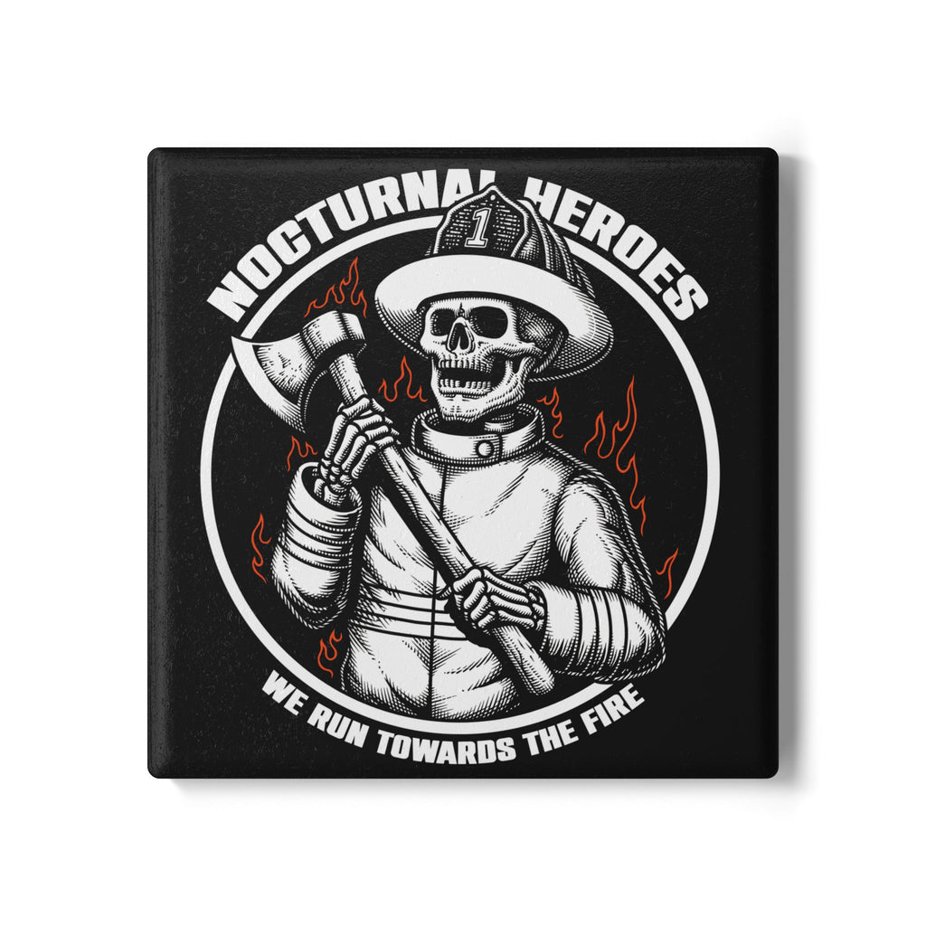 Firefighter Skull Ceramic Coaster — "Nocturnal Heroes: We Run Towards the Fire"