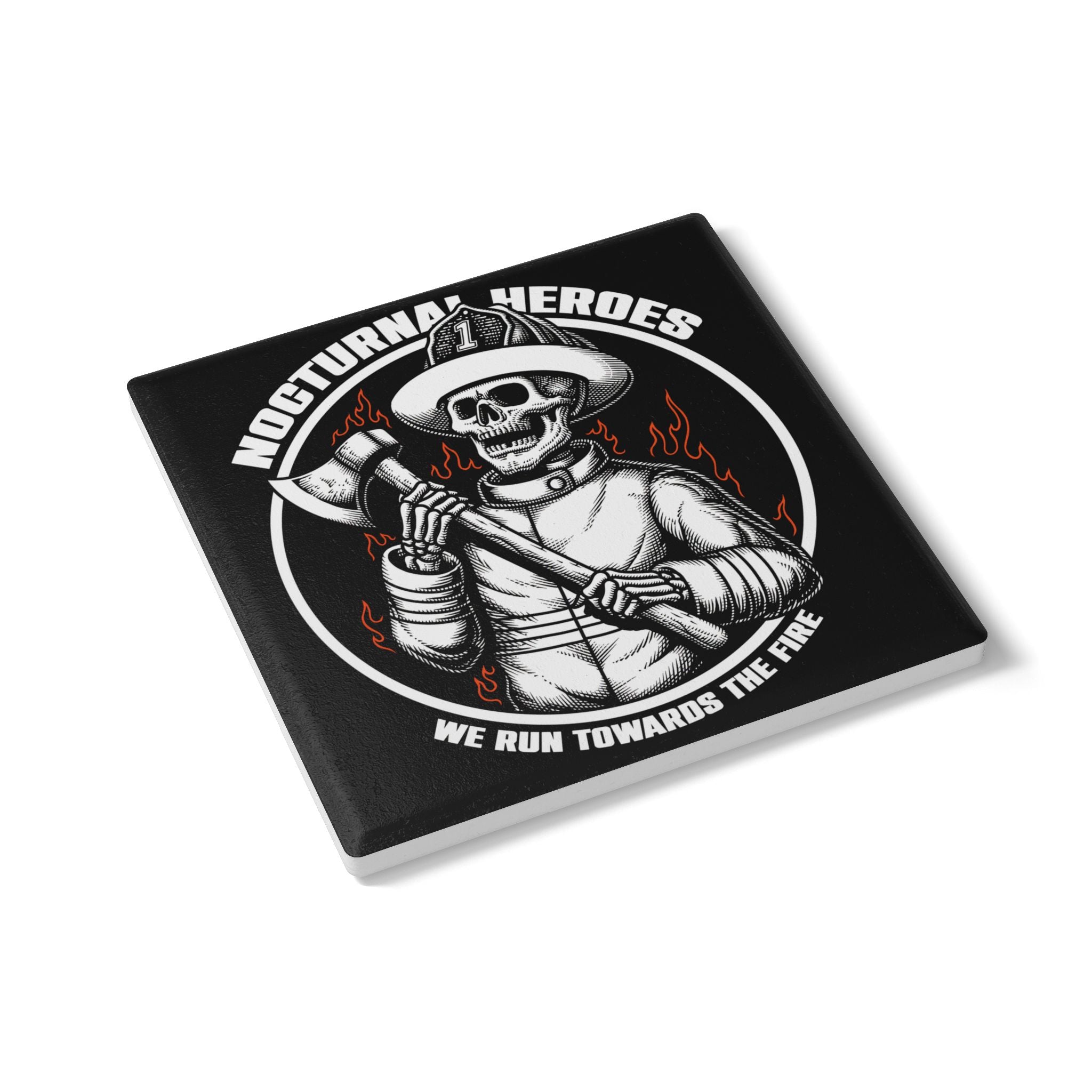 Firefighter Skull Ceramic Coaster — "Nocturnal Heroes: We Run Towards the Fire"
