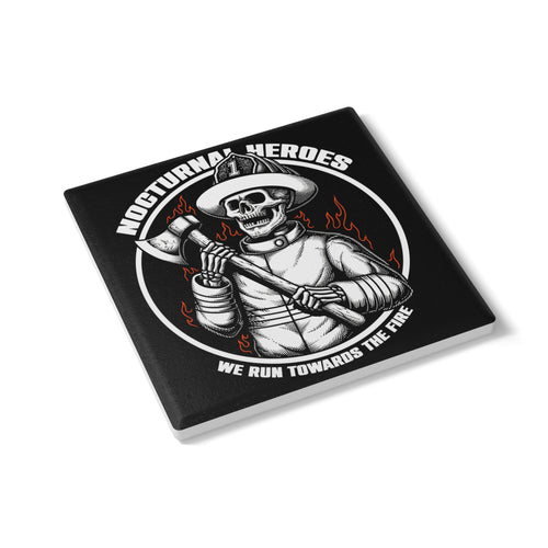 Firefighter Skull Ceramic Coaster — "Nocturnal Heroes: We Run Towards the Fire"